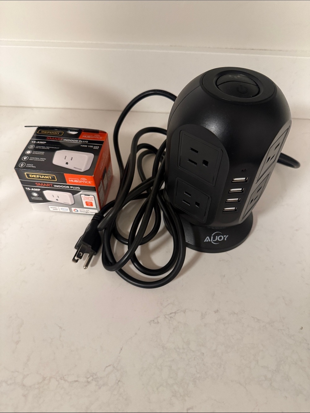 Black Vertical Power Strip Tower with USB Charging Ports